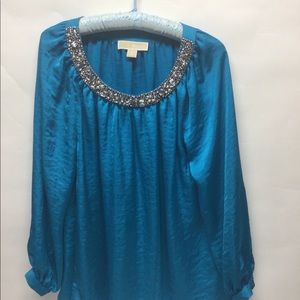 Michael Kors Turquoise Blouse Rhinestone detail Scoop Neck Long Sleeve 8